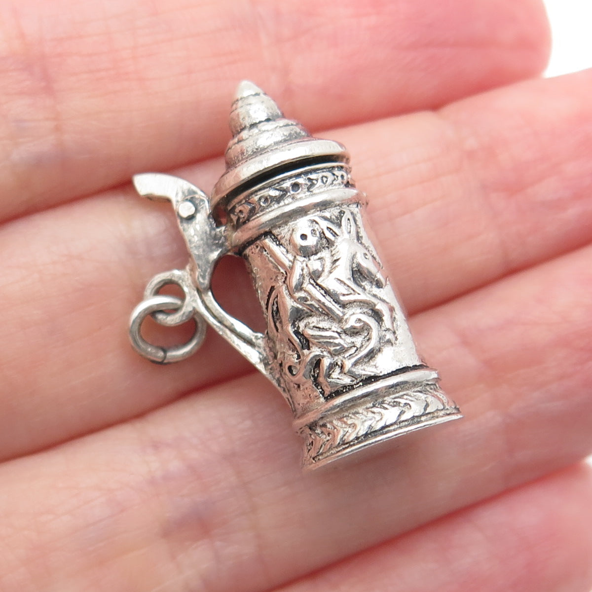 925 Sterling Silver Vintage Beer Stein Oxidized Locket 3D Charm Pendant