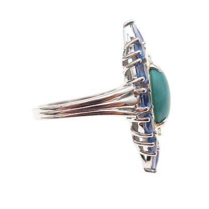 925 Sterling Silver 2-Tone Real Turquoise Sapphire & White Topaz Ring Size 8.25