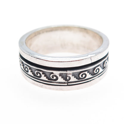 925 Sterling Silver Vintage Tribal Wave Oxidized Rotating Band Ring Size 12.75