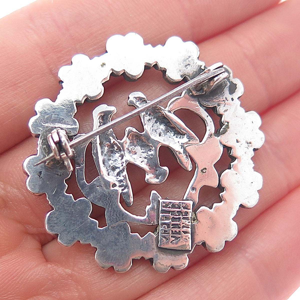 925 Sterling Silver Vintage Mexico Real Turquoise Dove Birds Flower Pin Brooch