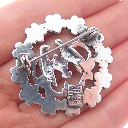 925 Sterling Silver Vintage Mexico Real Turquoise Dove Birds Flower Pin Brooch