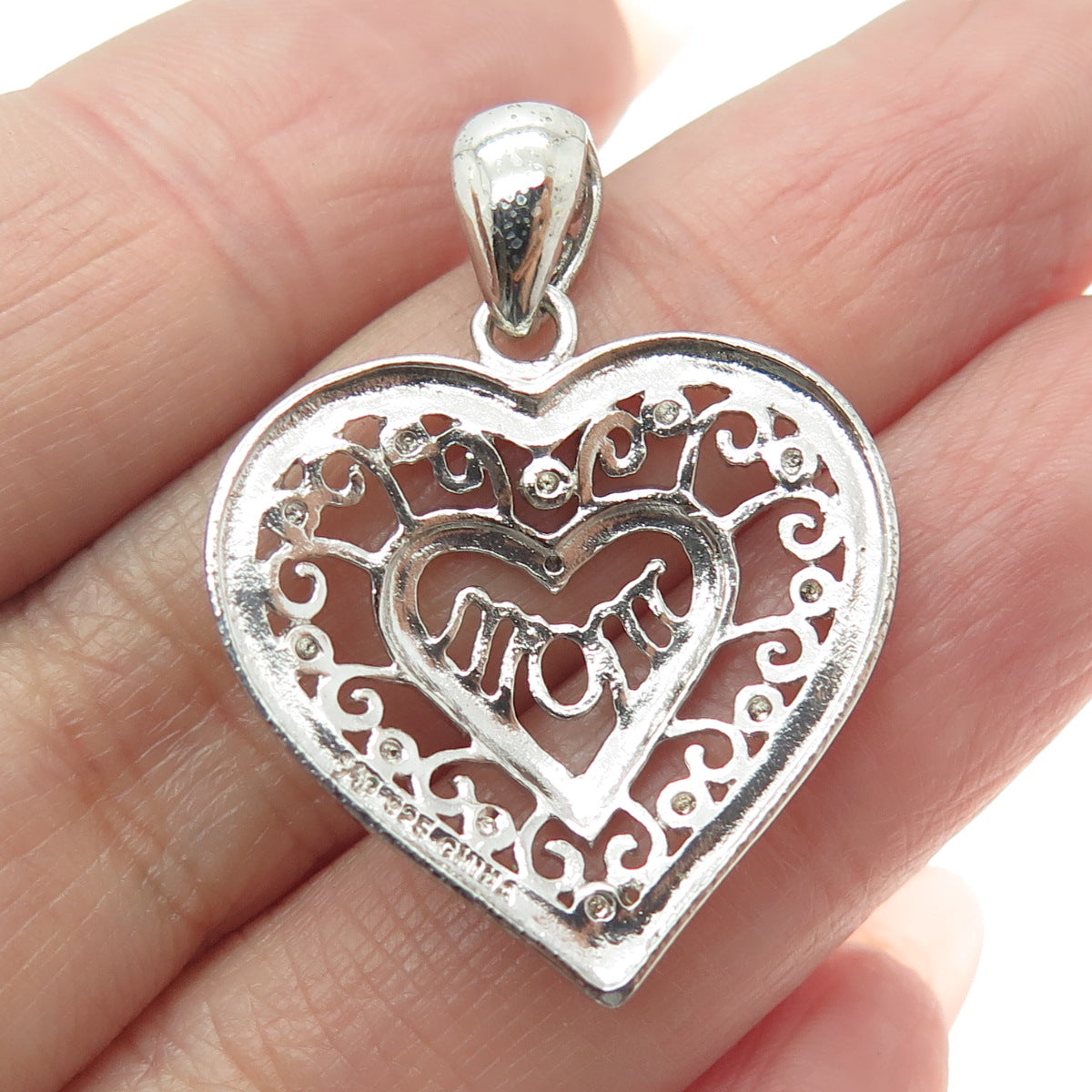 MICHAEL ANTHONY 925 Sterling Silver Diamond Accent "Mom" Heart Ornate Pendant