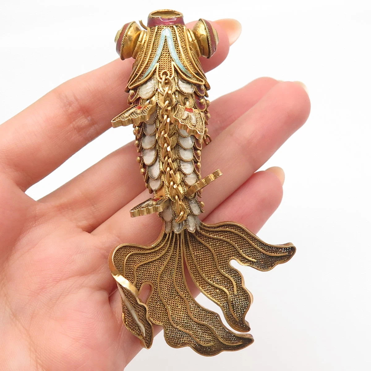 925 Sterling Silver Gold Plated Antique Enamel Chinese Koi Fish Chatelaine Fob
