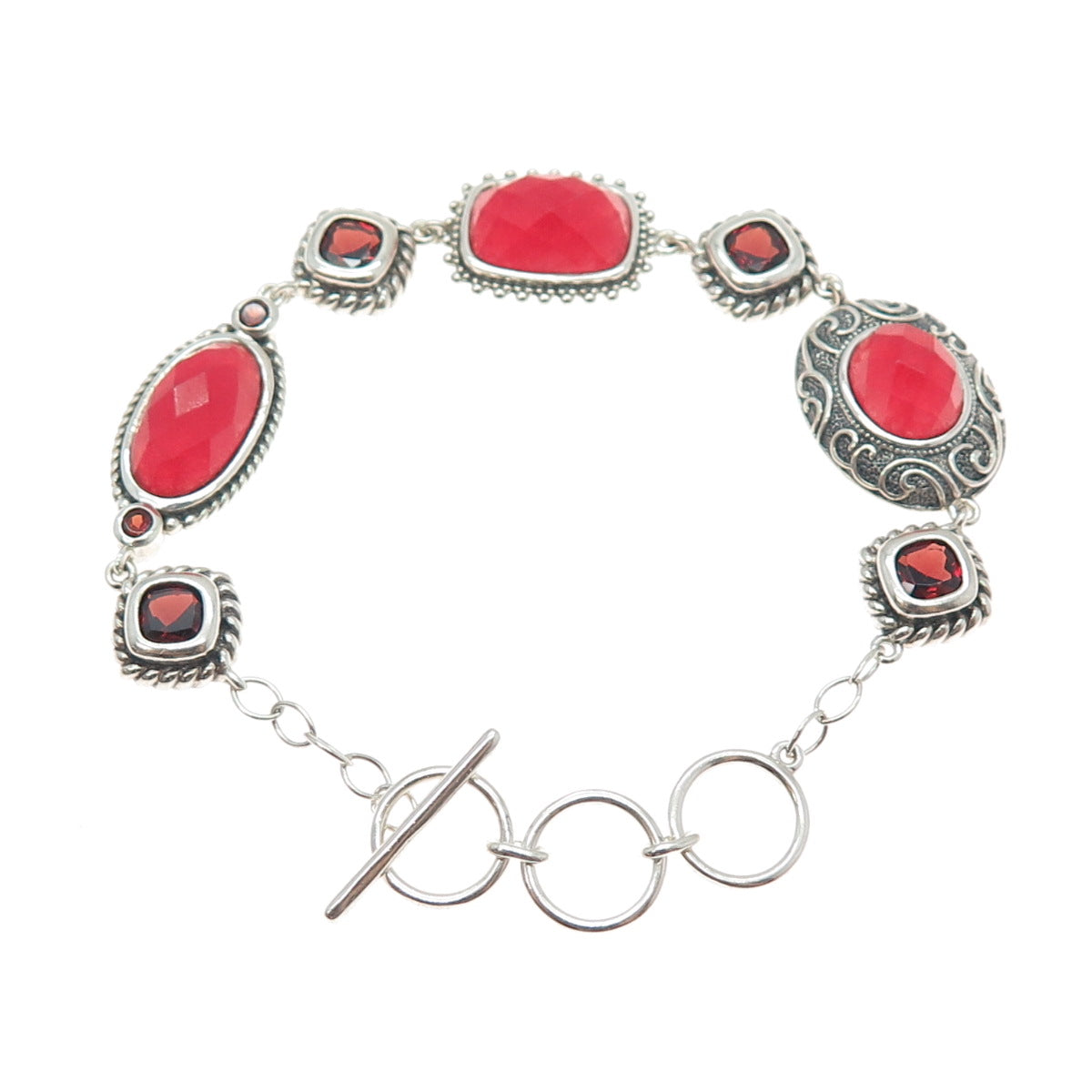 925 Sterling Silver Vintage Real Cherry Quartz & Red Garnet Bracelet 6-7.25"