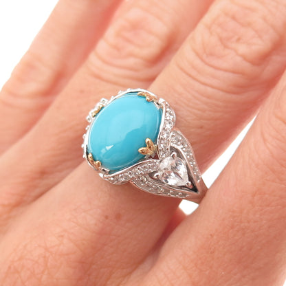 925 Sterling Silver 2-Tone Real Sleeping Beauty Turquoise & Topaz Ring Size 8.25