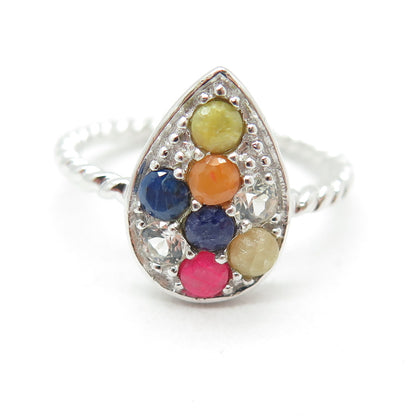 925 Sterling Silver Real Multi-Color Sapphire & White Topaz Teardrop Ring Size 8