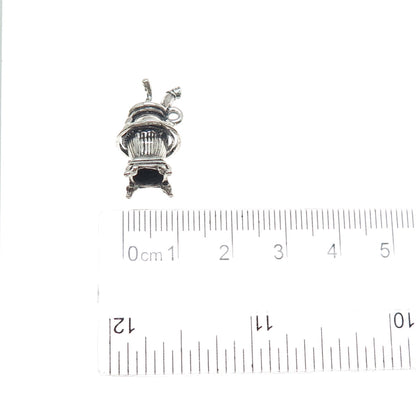 925 Sterling Silver Vintage Potbelly Stove Oxidized 3D Charm Pendant