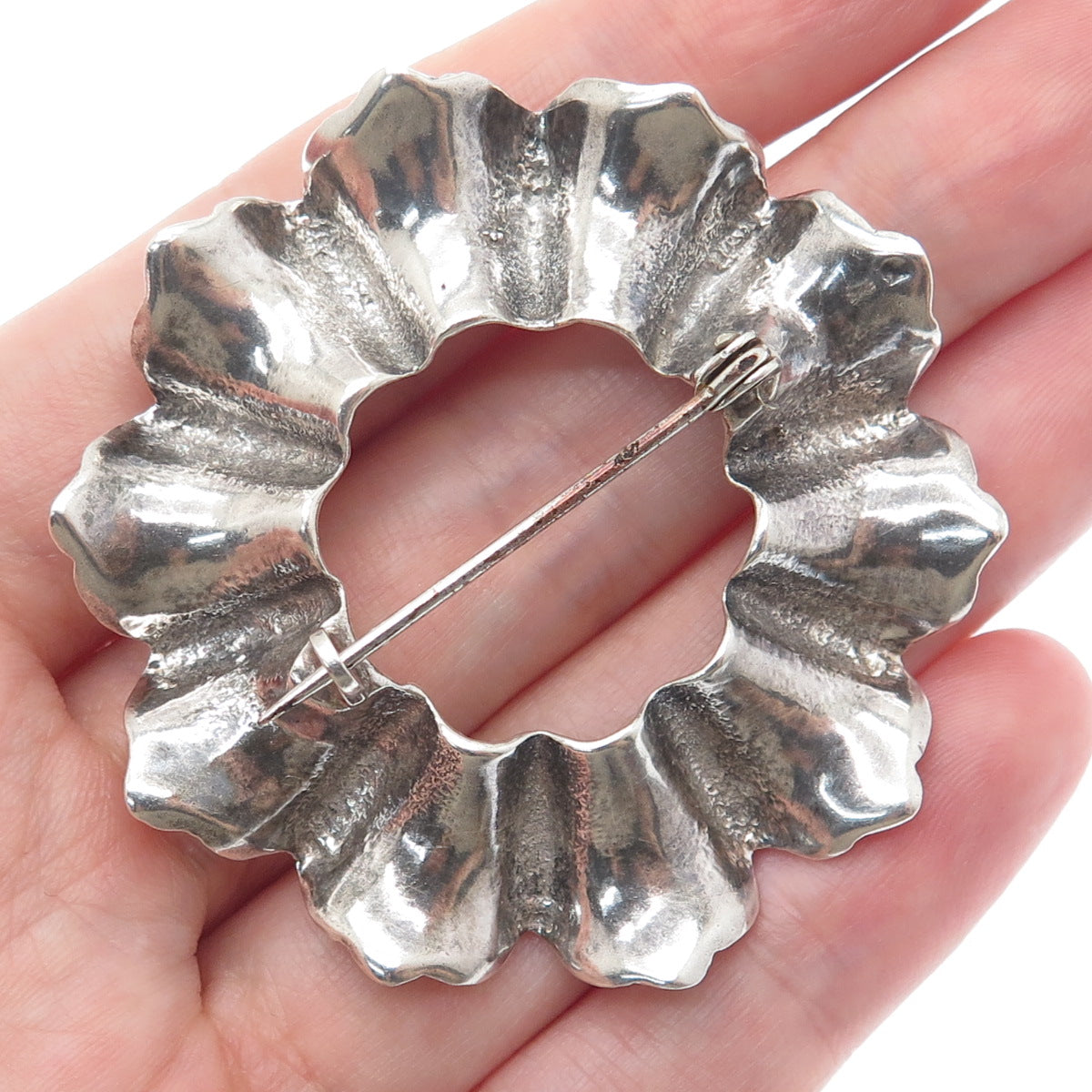 925 Sterling Silver Vintage Modernist Flower Circle Pin Brooch