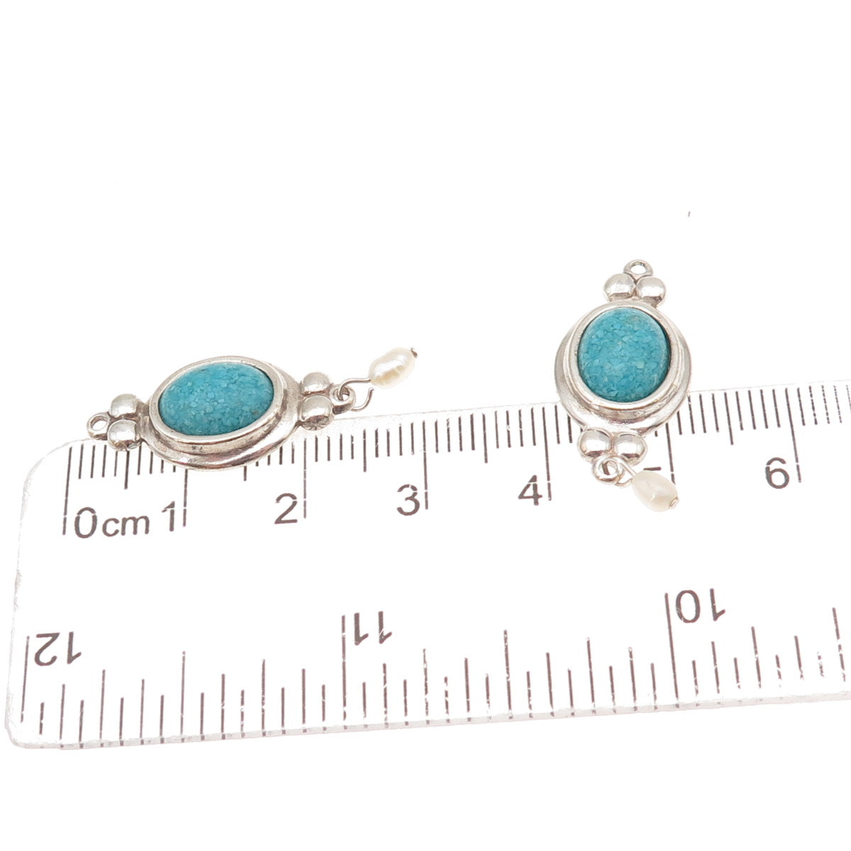 Coleman Co. Sterling Silver Vintage Real Turquoise Inlay & Pearl Jacket Earrings