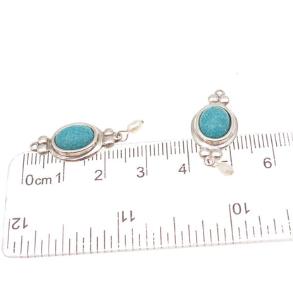 Coleman Co. Sterling Silver Vintage Real Turquoise Inlay & Pearl Jacket Earrings
