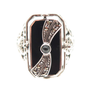 925 Sterling Silver Vintage Sapphire Onyx MOP Lady Cameo Reversible Ring Size 9