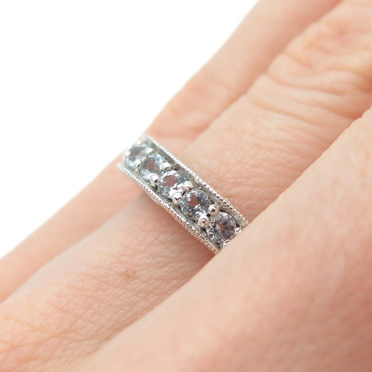 925 Sterling Silver Vintage Real Blue Topaz Half Eternity Band Ring Size 6.25