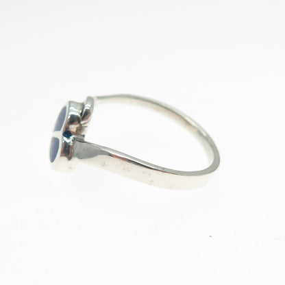 925 Sterling Silver Vintage Real Lapis Modernist Heart Ring Size 7