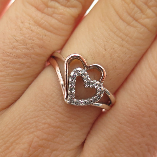 SUN 925 Sterling Silver 10K Gold Real Diamond Couple Heart Ring Size 7