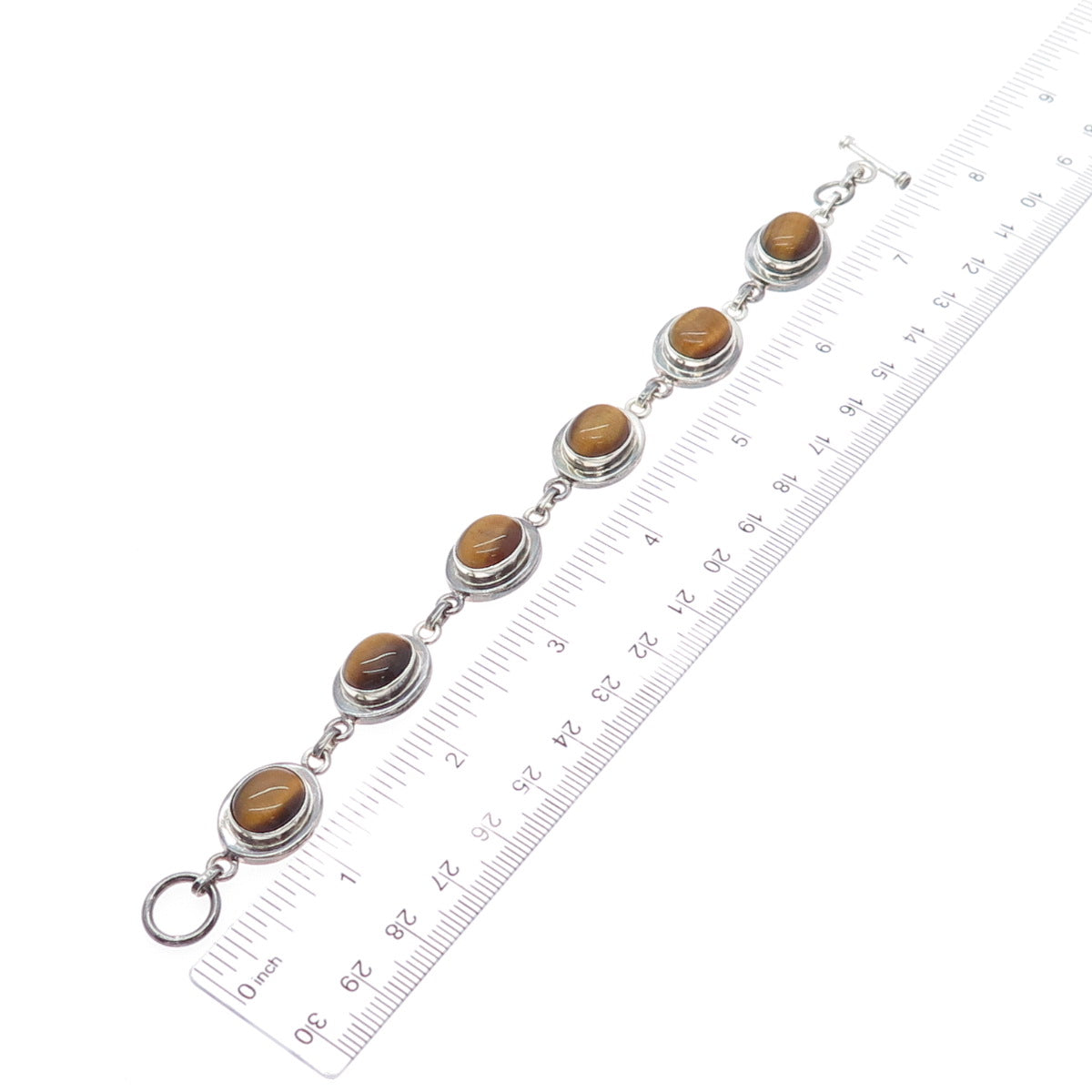 925 Sterling Silver Vintage Real Tiger Eye Station Oxidized Bracelet 7.25"