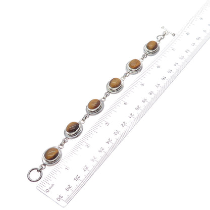 925 Sterling Silver Vintage Real Tiger Eye Station Oxidized Bracelet 7.25"