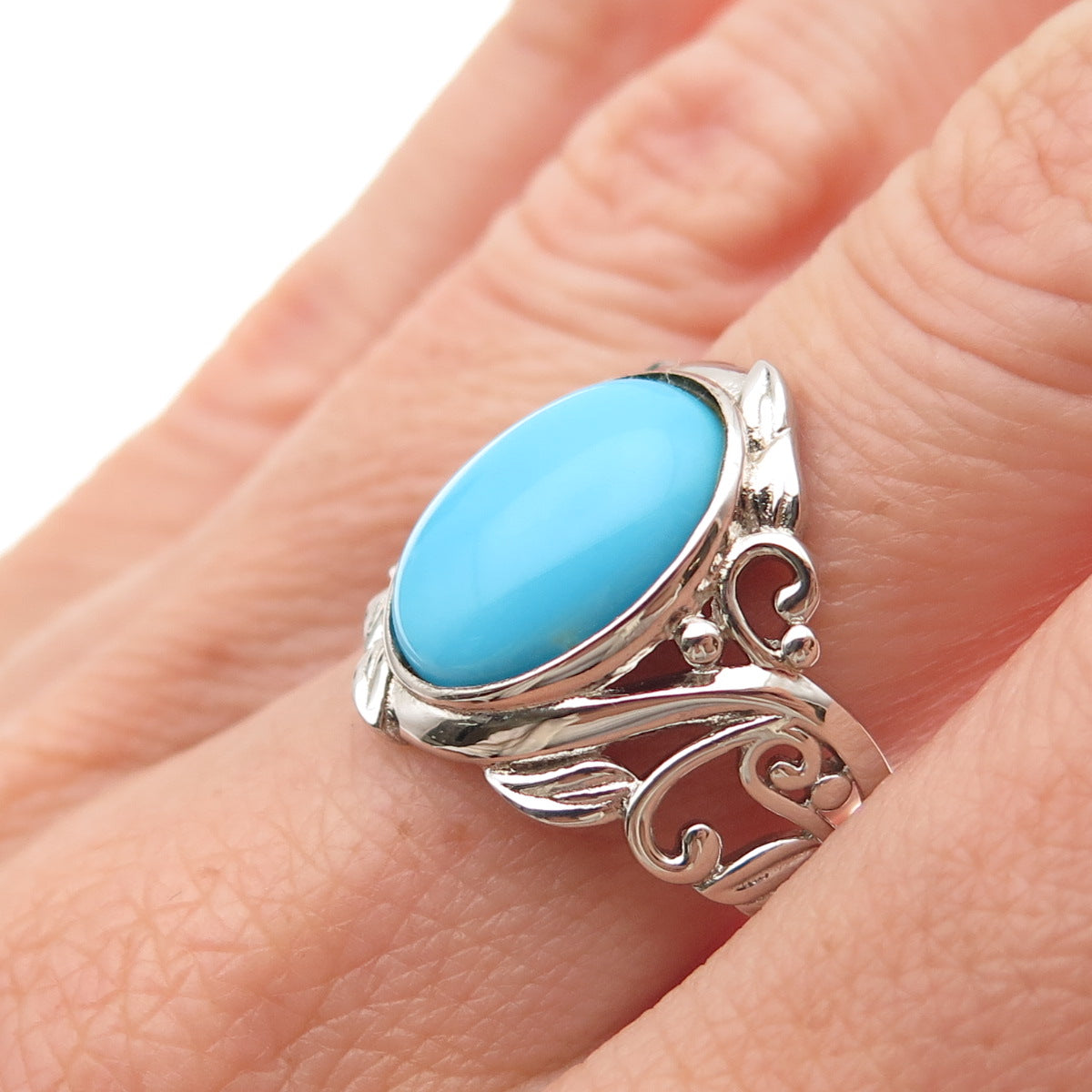 925 Sterling Silver Real Sleeping Beauty Turquoise Floral Ring Size 8