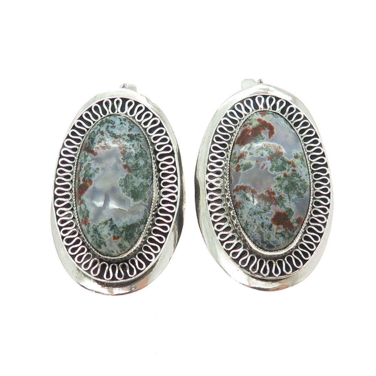 925 Sterling Silver Vintage Portugal Crazy Lace Agate Gem Eternal Curve Earrings