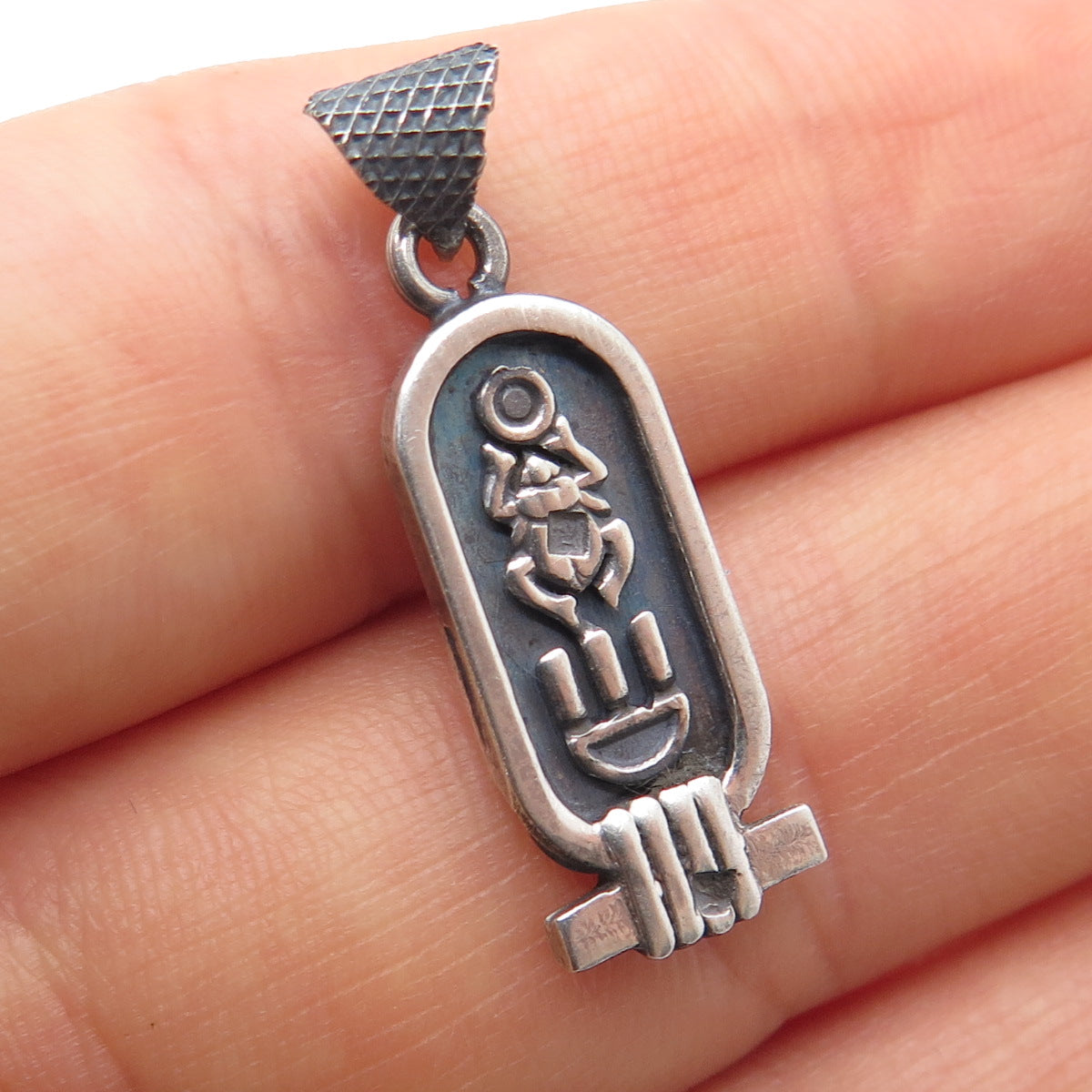 800 Silver Vintage Egyptian Scarab Cartouche Oxidized Charm Pendant