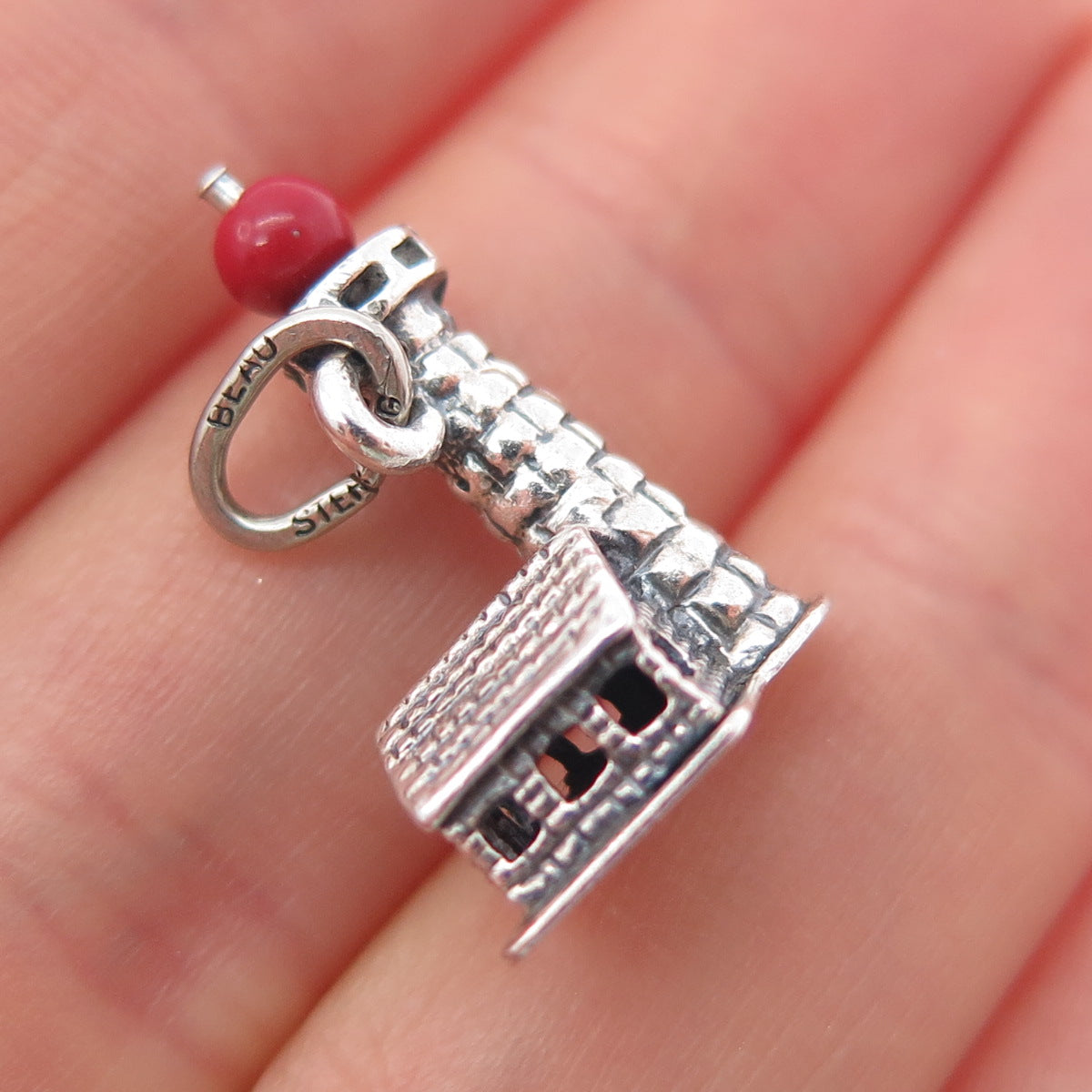 BEAU CRAFT 925 Sterling Antique Art Deco Real Coral Lighthouse Mini 3D Pendant