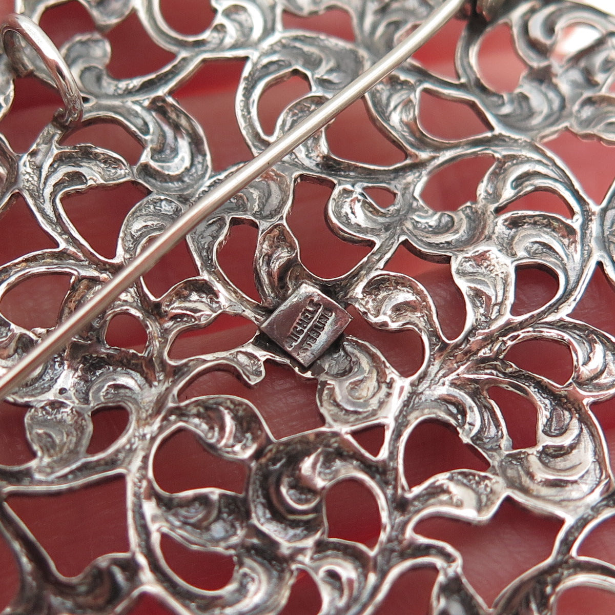 Michele 925 Sterling Silver Antique Art Deco Floral Oxidized Pin Brooch Pendant
