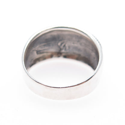 925 Sterling Silver Vintage Real Lapis Lazuli Feather Oxidized Ring Size 9