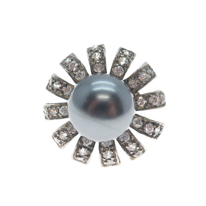 DBJ DEE BERKLE 925 Sterling Silver Vintage Faux Pearl & C Z Flower Ring Size 5.5