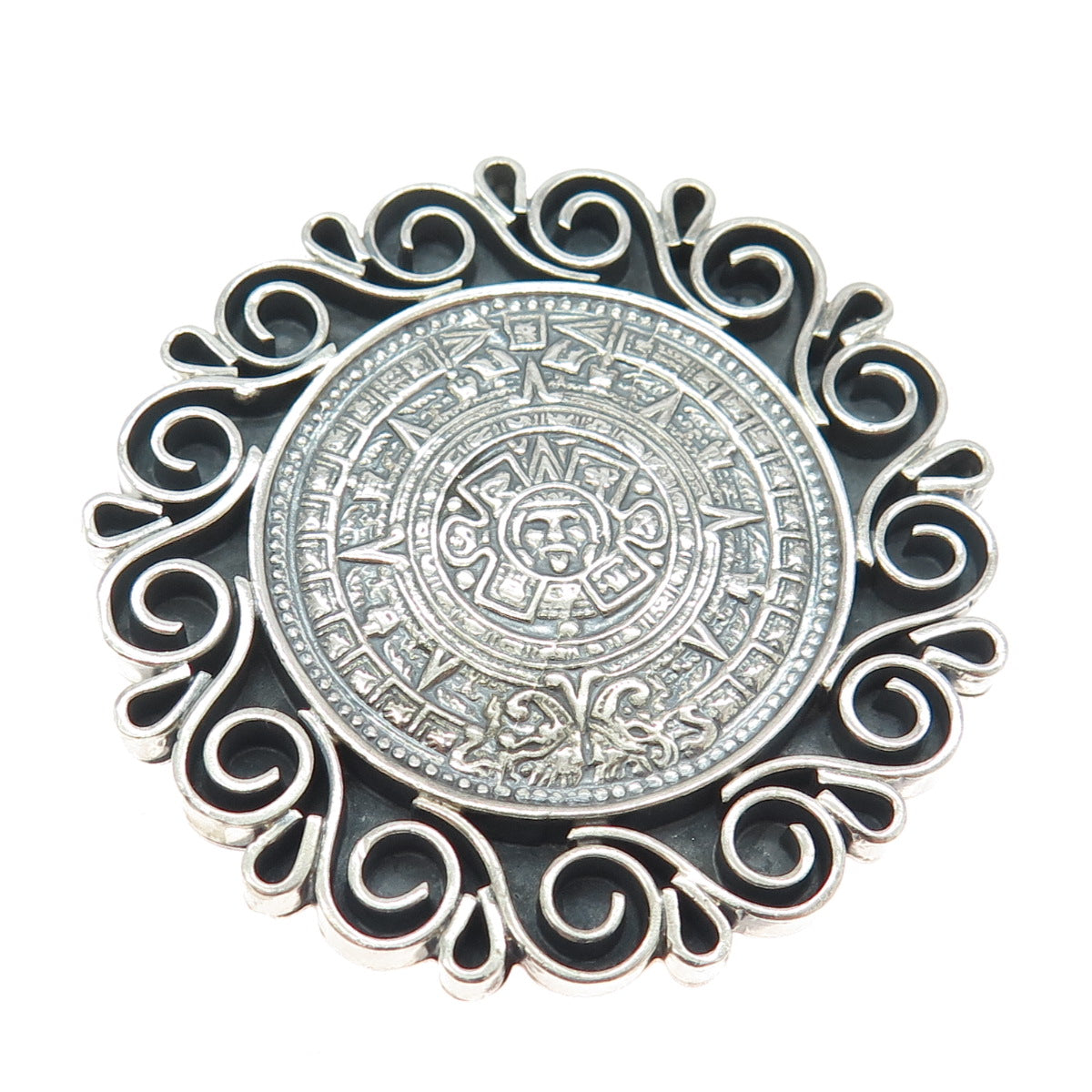 925 Sterling Silver Vintage Mexico Mayan Calendar Ornate Pin Brooch Pendant