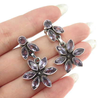 925 Sterling Silver Vintage Real Marquise & Round-Cut Amethyst Dangling Earrings