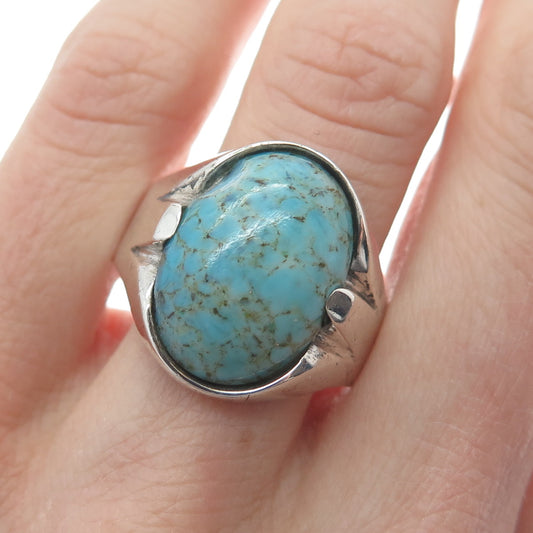 925 Sterling Silver Vintage Mexico Faux Turquoise Tribal Ring Size 12.25