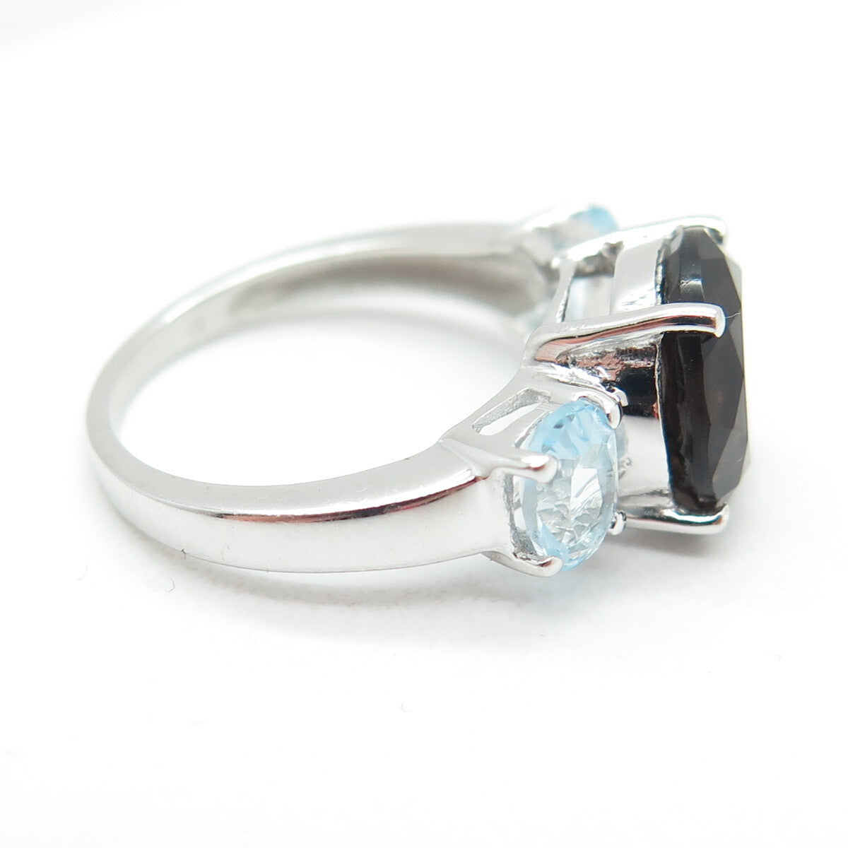 925 Sterling Silver Real Round-Cut Smoky Quartz & Blue Topaz Ring Size 6.25