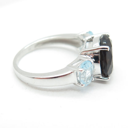 925 Sterling Silver Real Round-Cut Smoky Quartz & Blue Topaz Ring Size 6.25