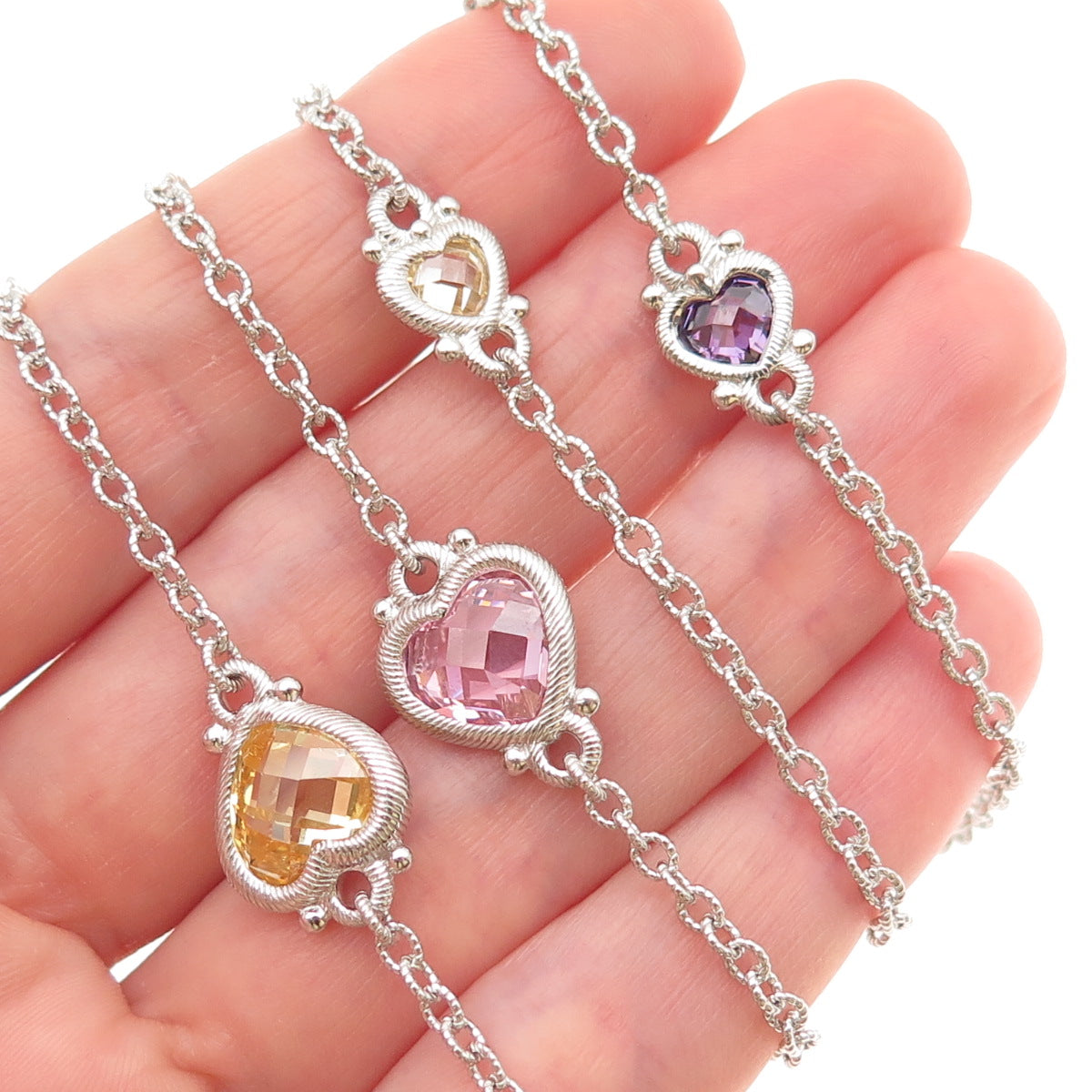 JUDITH RIPKA Sterling Silver Multi-Color C Z Heart Station Chain Necklace 36"