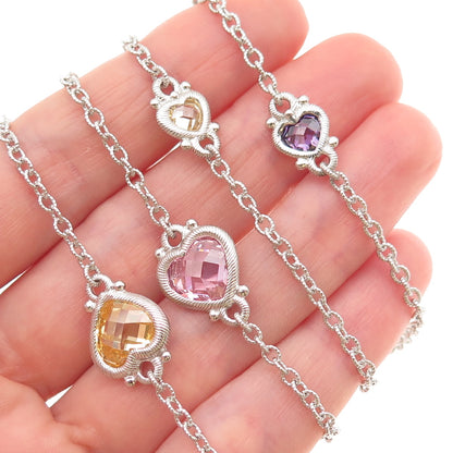JUDITH RIPKA Sterling Silver Multi-Color C Z Heart Station Chain Necklace 36"