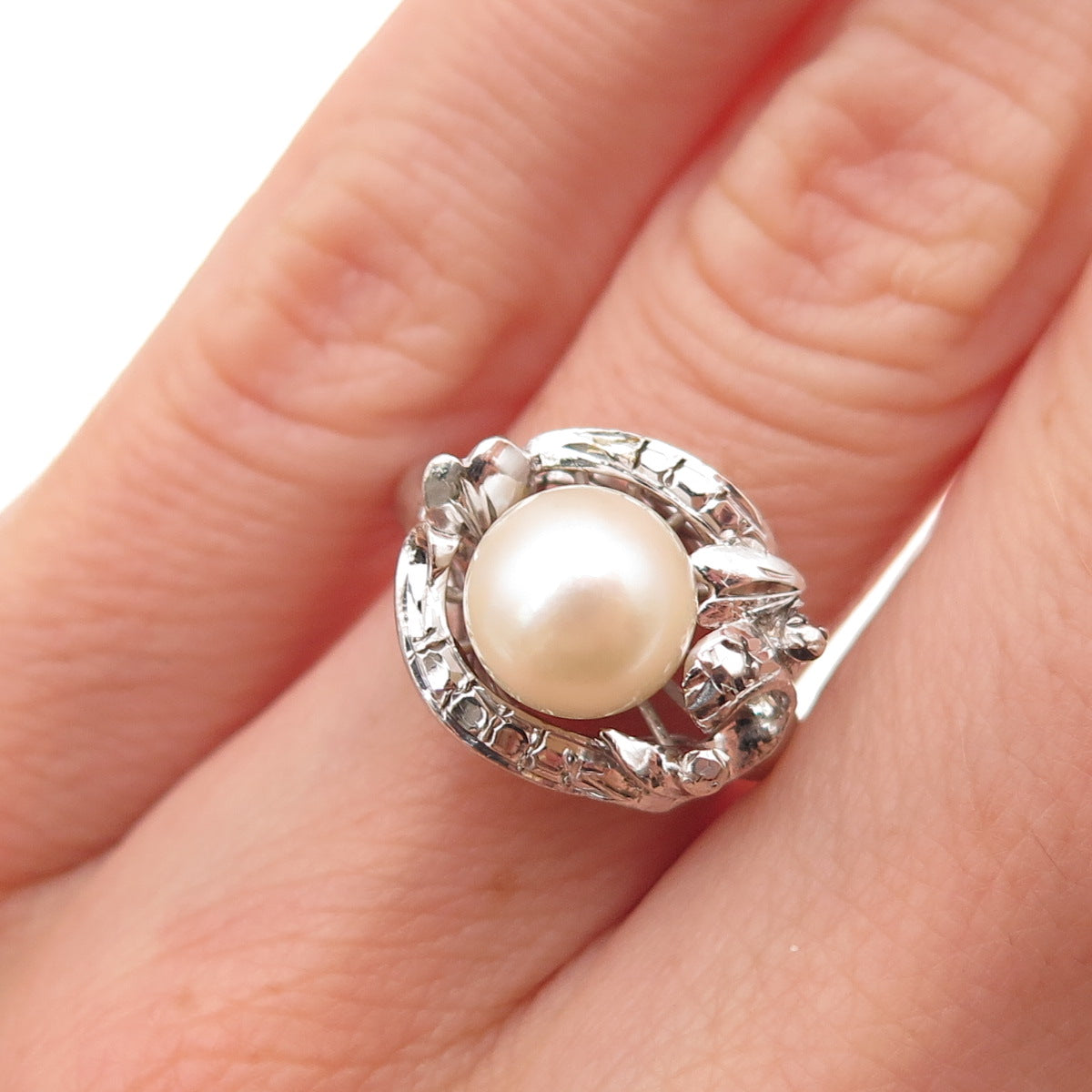 925 Sterling Silver Antique Art Deco Real Pearl Ring Size 5.5