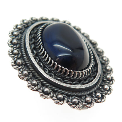 925 Sterling Silver Vintage Israel Dark Blue Glass Ethnic Pin Brooch