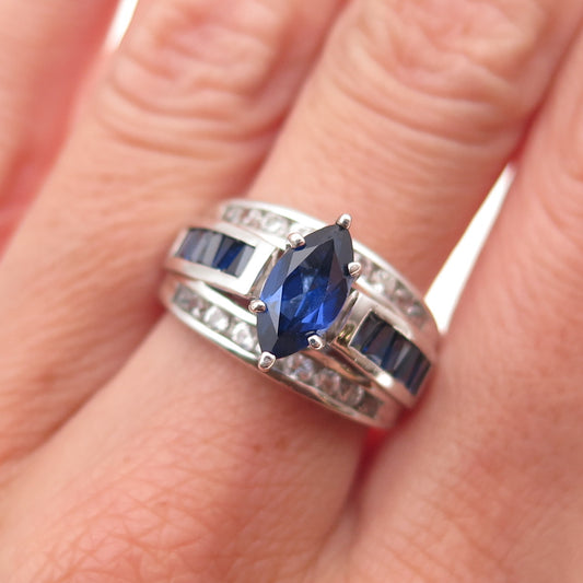 925 Sterling Silver Vintage Lab-Created Sapphire & Real White Topaz Ring Size 7