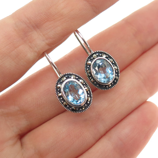 925 Sterling Silver Vintage Real Blue Topaz Marcasite Earrings (missing 1 stone)