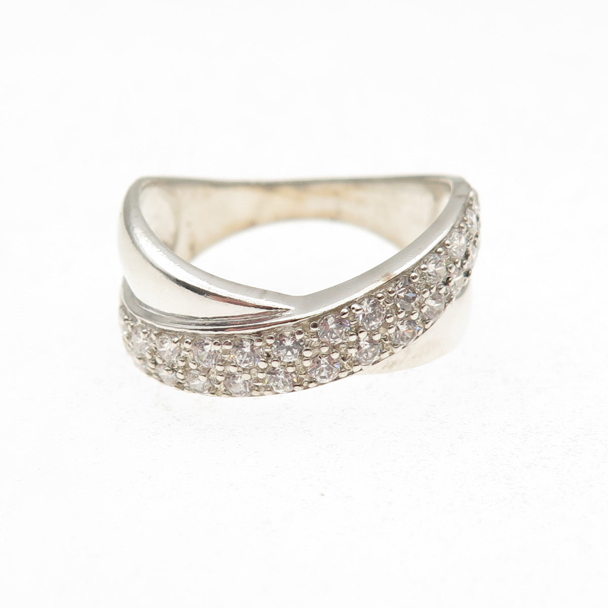 925 Sterling Silver Round-Cut C Z Crisscross Ring Size 8.25