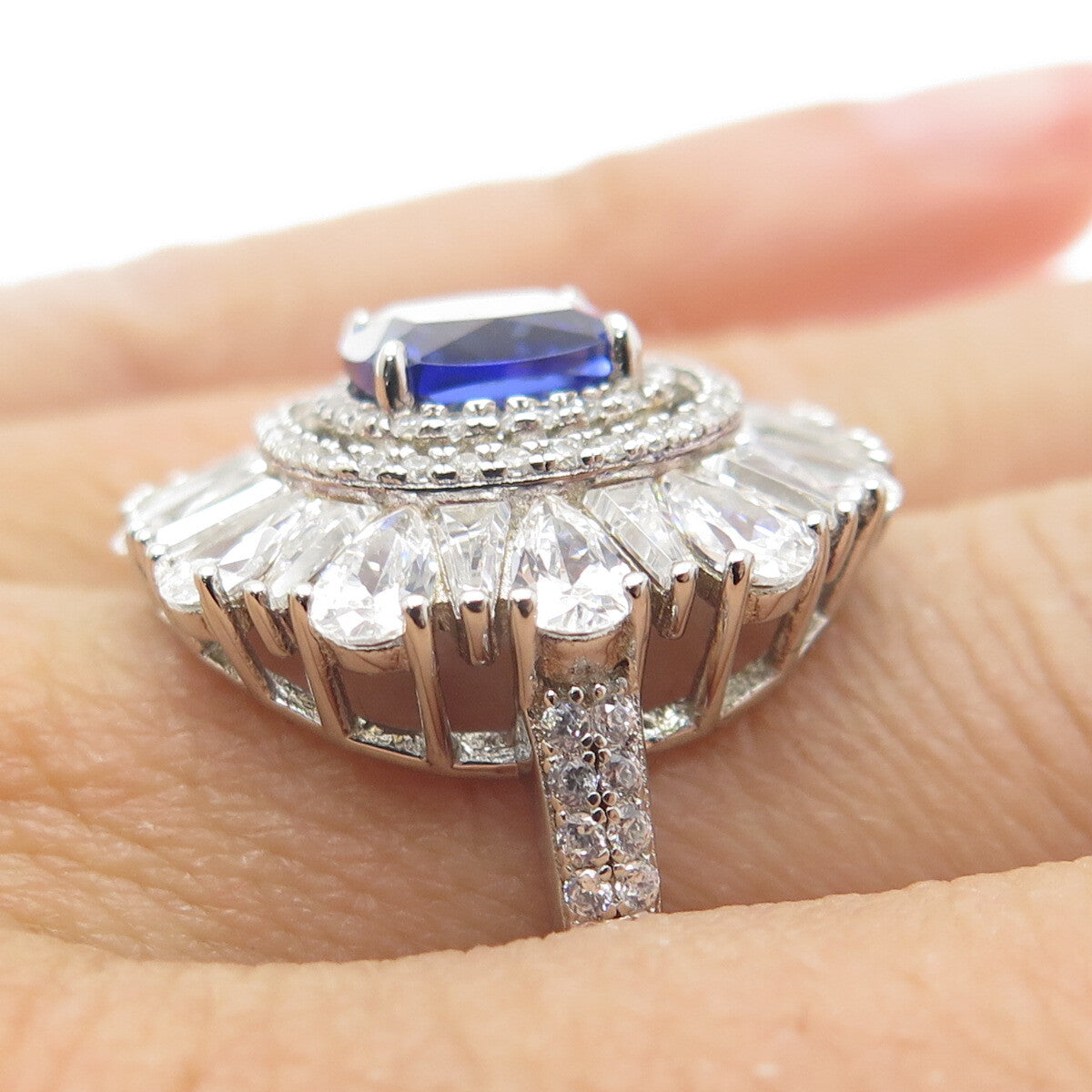 DSMK 925 Sterling Silver White & Blue Multi-C Z Cluster Wide Ring Size 7.25