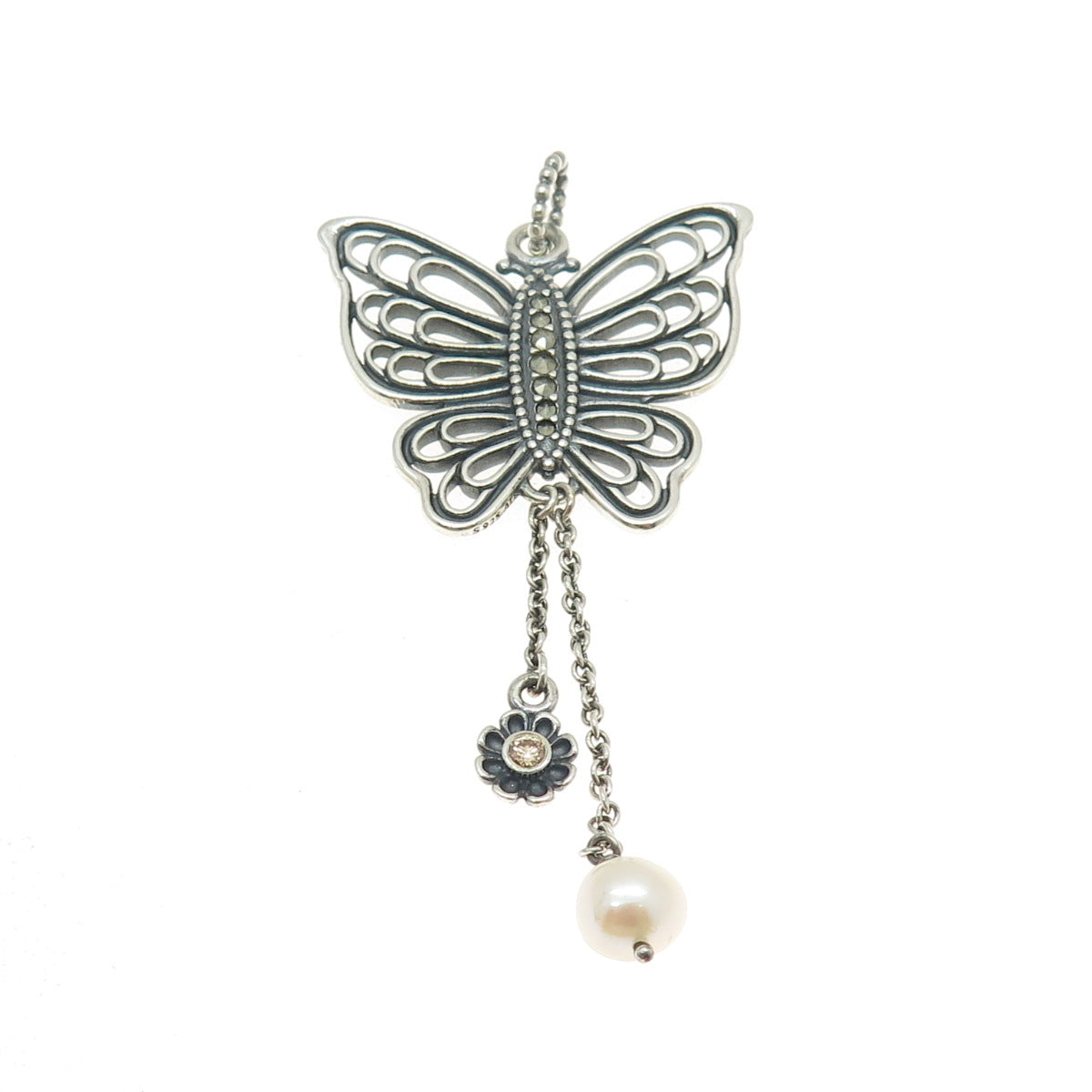 PANDORA 925 Sterling Silver Real Marcasite Pearl & C Z Butterfly Pendant