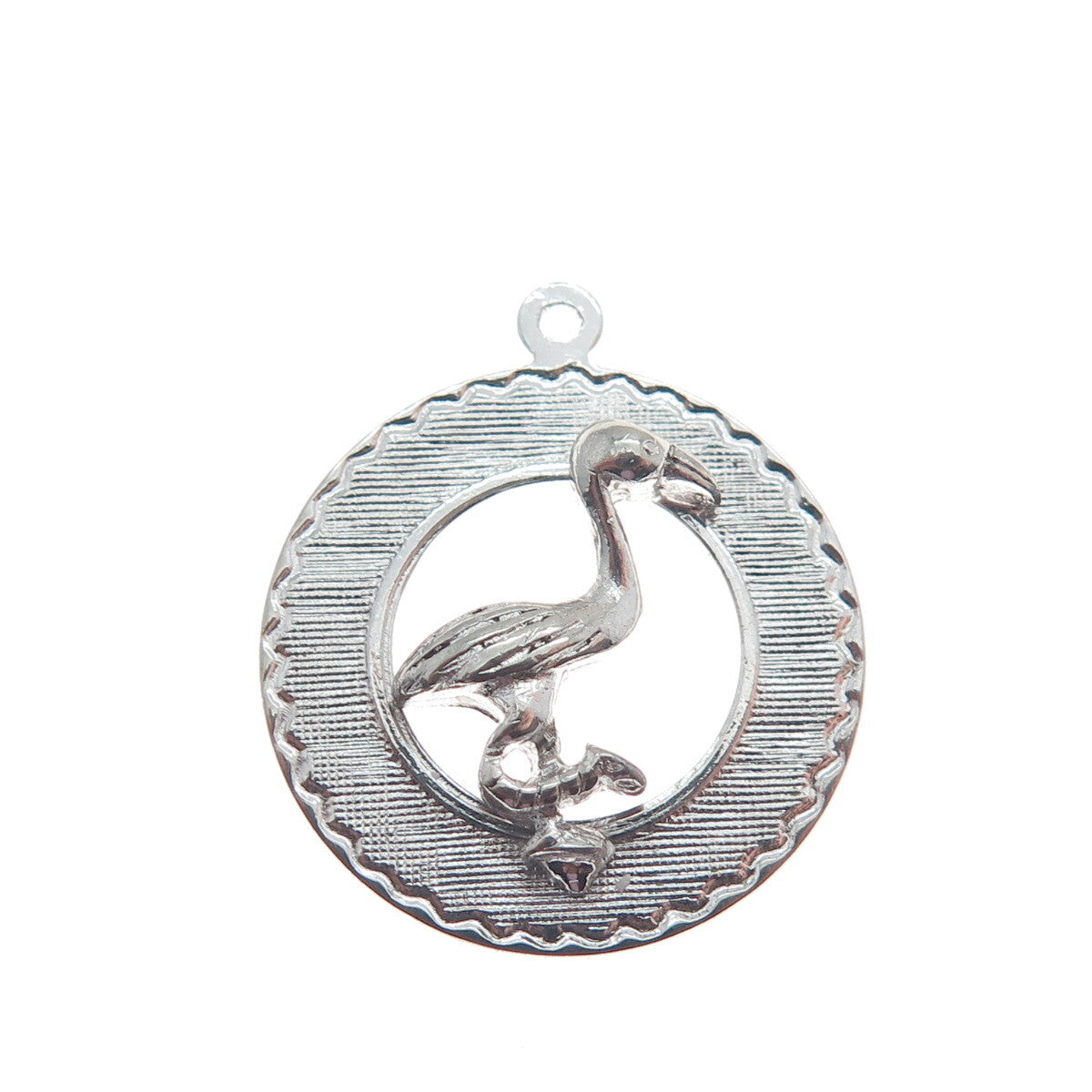 ELCO 925 Sterling Silver Vintage Flamingo Bird Minimalist Round Charm Pendant