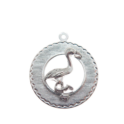 ELCO 925 Sterling Silver Vintage Flamingo Bird Minimalist Round Charm Pendant