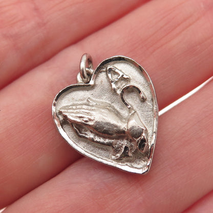 925 Sterling Silver Antique Art Deco Alpha Omega Prayer Hands Heart Mini Pendant