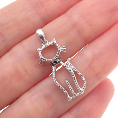 Jane Seymour 925 Sterling Silver Real Black & White Diamond Cat Charm Pendant
