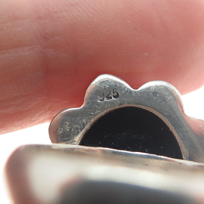 925 Sterling Silver Vintage Real Blue Sunstone Chain Link Oxidized Ring Size 8.5