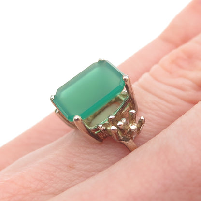 925 Sterling Gold Plated Vintage Real Green Chalcedony Modernist Ring Size 5.25