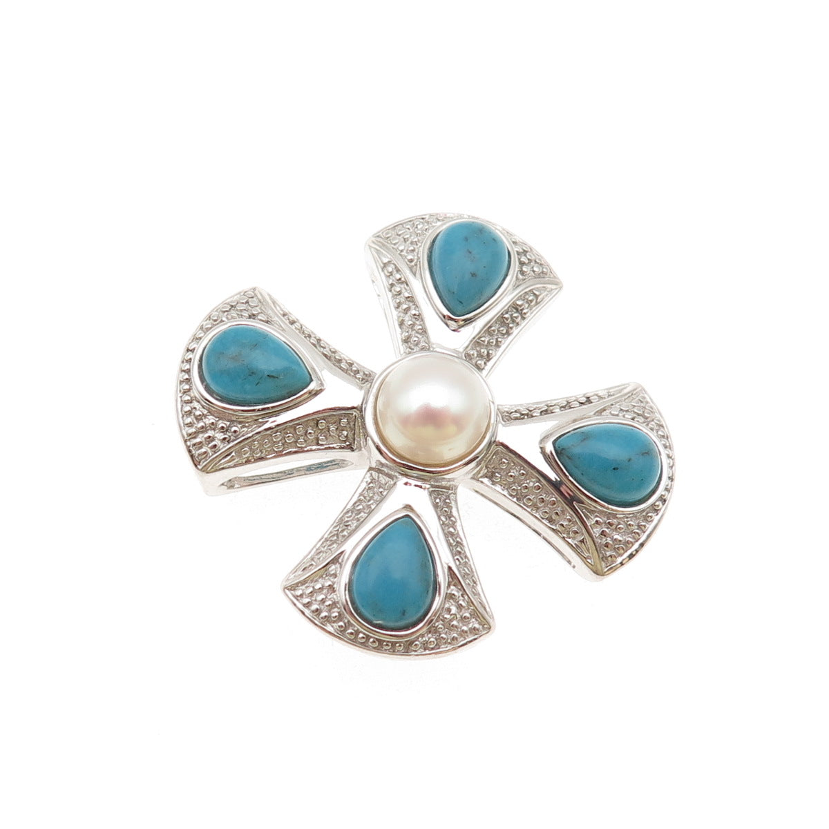 925 Sterling Silver Real Pearl & Turquoise Cross Slide Pendant