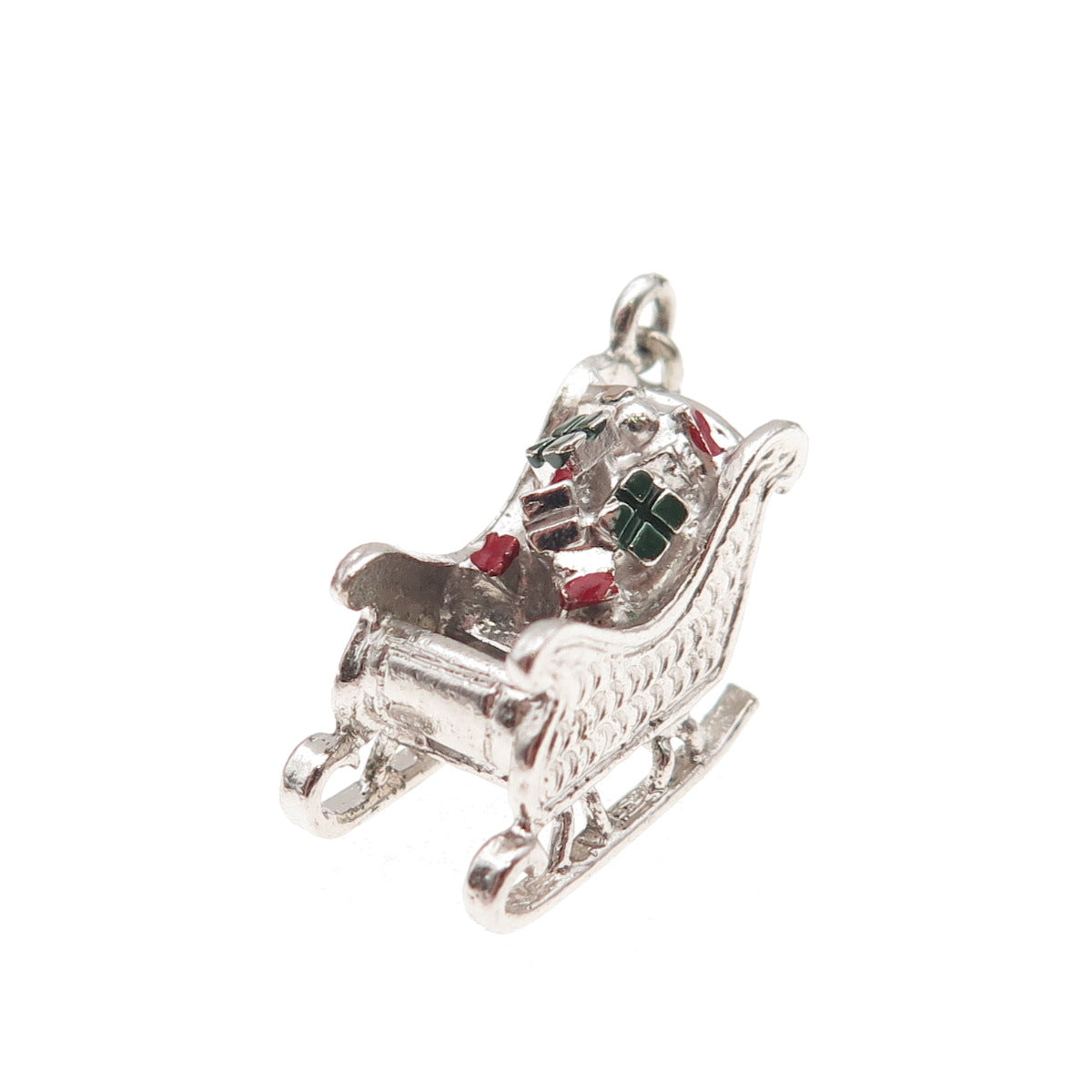 Danecraft 925 Sterling Antique Enamel Christmas Sleigh Spring Ring Mini Pendant