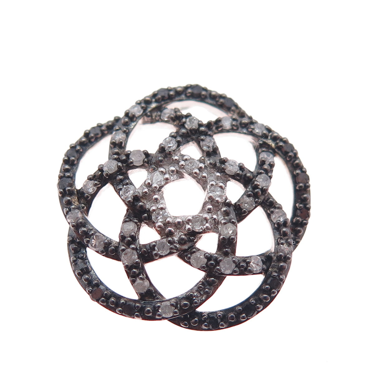 SAI 925 Sterling Silver Real Black & White Diamond Flower Slide Charm Pendant